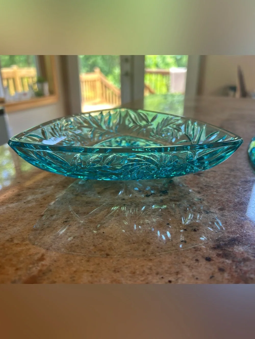 Hazel-Atlas “Capri Blue” Pinwheel Pressed Glass Triangle Covered Dish. MCM 1950